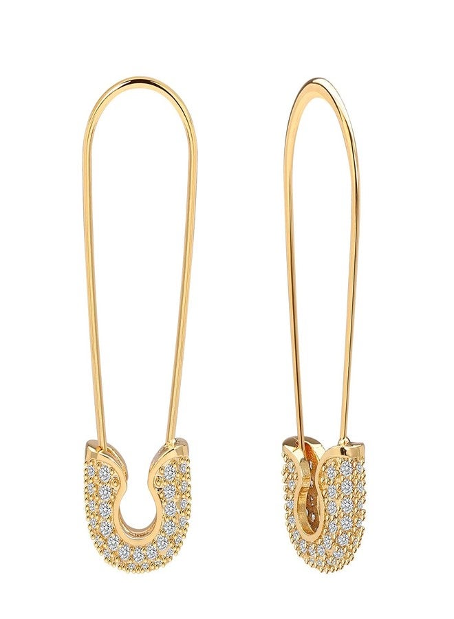 Lcherry 14K Gold-Plated Safety Pin Earrings for Women 14K Gold-Plated Cubic Zirconia Safety Pin Hoop Earrings - Image 1